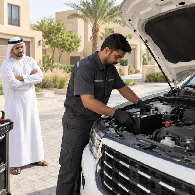 Technician fitting a new car battery outside a customer's home