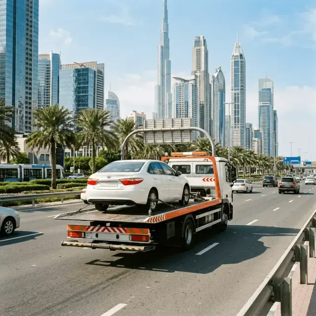 Car carried on a flatbed recovery truck along a Dubai road