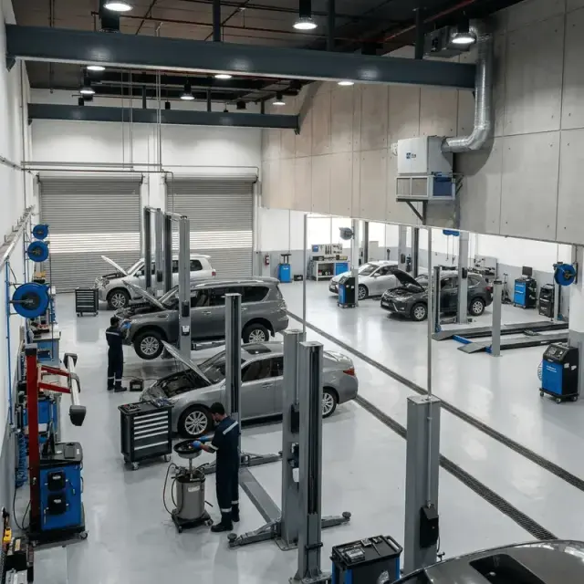 Cars on lifts inside a car service workshop
