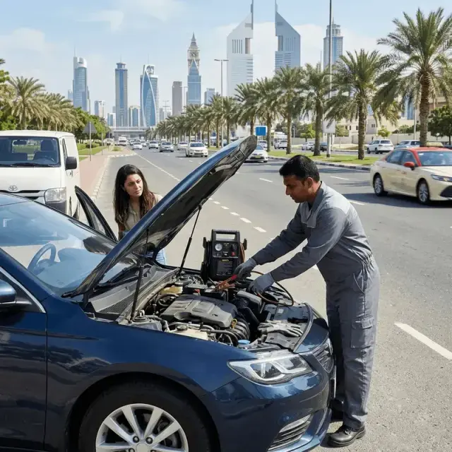 Technician jump-starting a car with a booster pack at the side of a Dubai road